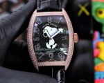 Replica Franck Muller Crazy Hours Black Dial Diamond Bezel Black Leather Strap Watch